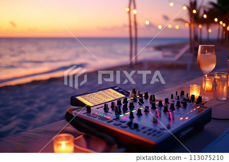 Dj mixer console on the beach at sunset. 113075210