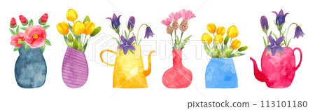 Set of flowers in a vase.Japanese camellia, tulips, bluebell, thistle.Watercolor illustration.Hand drawn simple stylized style. Botanical garden clipart for simple and elegant design. Vector 113101180