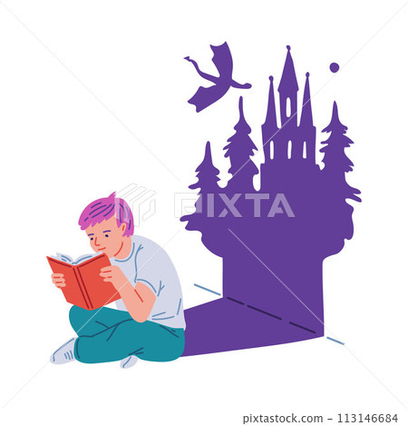 A boy's adventure through reading. Vector illustration of relaxation without gadgets. 113146684