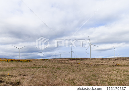 Wind turbines blend with natural landscapes, showcasing eco-friendly power generation 113179887