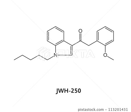 JWH-250 drug molecule formula and chemical structure, synthetic or organic drugs vector model. JWH-250 analgesic drug or cannabinoid narcotic substance in molecular structure and chemical formula 113201431