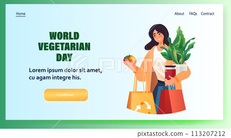 woman buyer holding shopping bags with fruits and vegetables organic natural food eco local grown products world vegetarian day 113207212