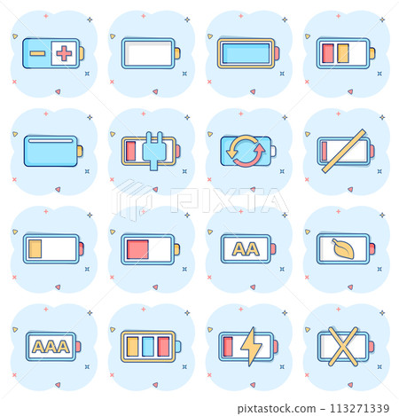 Battery charge icon set in comic style. Power level cartoon vector illustration on white isolated background. Lithium accumulator splash effect business concept. 113271339