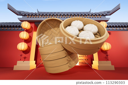 Chinese food baozi in food steamer, 3d rendering. 113290303