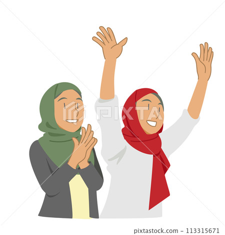 Illustration of women wearing hijabs cheering 113315671