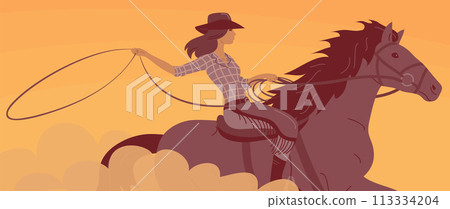 Beautiful cowboy girl in a hat rides a horse 113334204