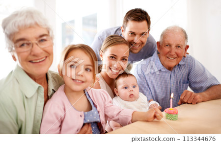 Family, portrait and birthday party, cupcake and candle to celebrate and happy people at home. Parents, grandparents and children with cake or dessert for anniversary and generations with smile 113344676