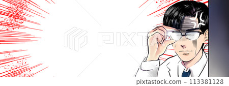 Handsome black-haired glasses doctor girl putting her glasses back on to monitor, cartoon style color illustration, transparent background 113381128