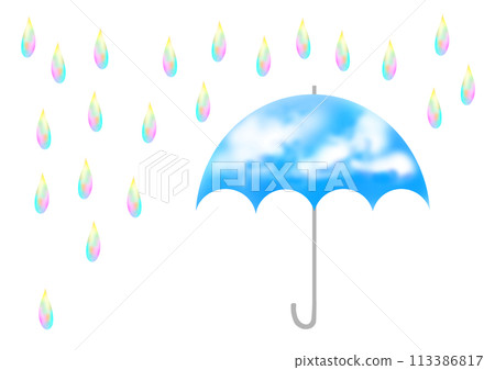 Illustration of raindrops and umbrella against blue sky 113386817