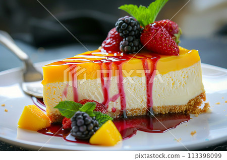 Cheesecake with mango and berries 113398099