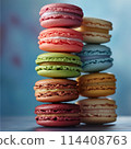 Assortment of delicate macarons, vibrant colors, soft matte finish, stacked artfully. 114408763