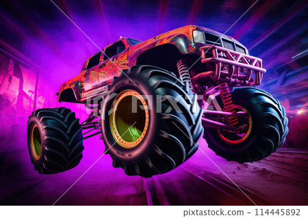 Monster truck with neon lighting, jumping off-road in cloud of dust. Excitement and thrill of an extreme sport 114445892