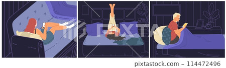 People cartoon characters lying awake in bed using phones 114472496