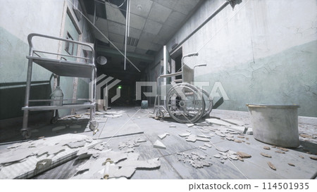 Set up view of dark room abandoned in the Psychiatric Hospital 114501935