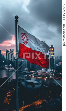 national flag of Singapore gracefully flutters in the wind, symbolizing unity, progress, and strength. 114542837