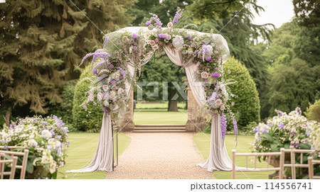 Wedding Ceremony Decorated with Lavender Flowers in the garden. Holiday concept 114556741