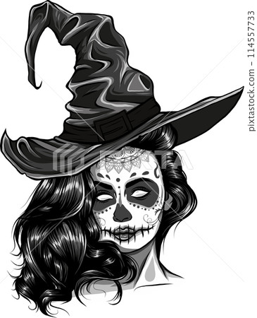 monochrome beautiful witch in a classic hat 114557733