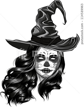 vector illustration of monochrome beautiful makeup skull witch in a classic hat 114589963