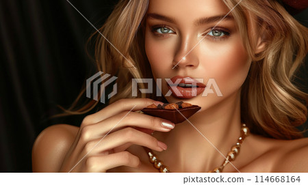 Close up portrait woman radiant makeup glossy lips, sensuously holding chocolate near her mouth 114668164