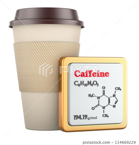 Disposable cup of drink with Caffeine and Icon with chemical formula of caffeine, molecular structure. 3D rendering 114669229