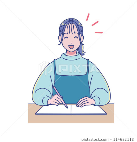 Anime-style female student studying at a desk 114682118