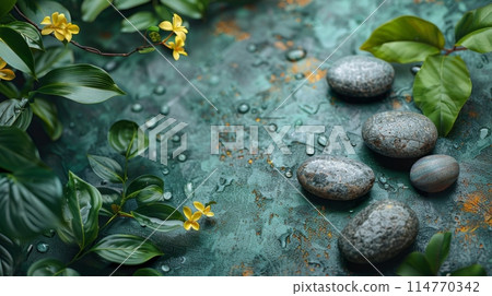 Photo of spa background with stones and bamboo leafs on table 114770342