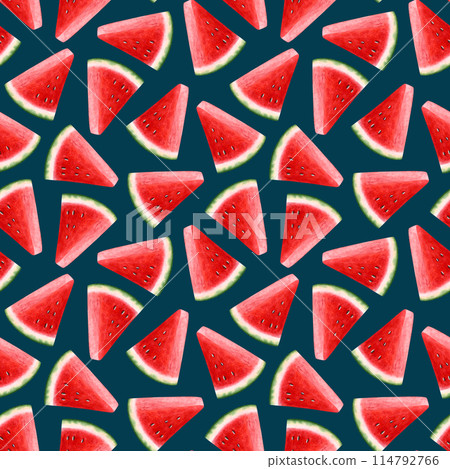 Red watermelon slices watercolor seamless pattern on dark blue background. Delicious summer ripe fruits for food designs and prints on fabric and wrapping paper 114792766