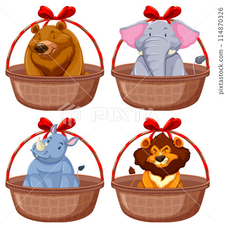 Cute Animals in Baskets Vector Illustration 114870326