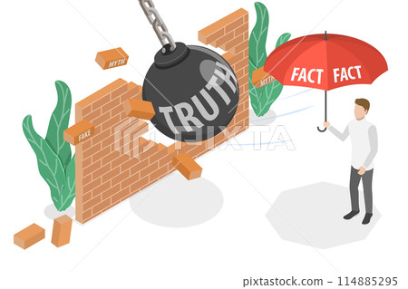 3D Isometric Flat  Conceptual Illustration of Fact Vs Truth, Honest Evidence Against Invented Deception 114885295