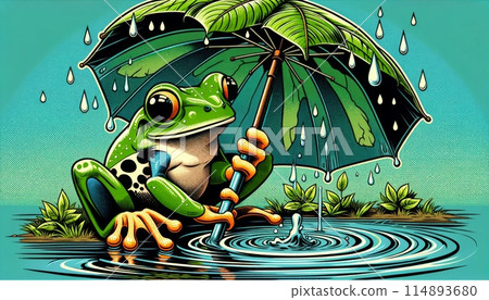 Illustration of a tree frog holding a leaf umbrella 114893680