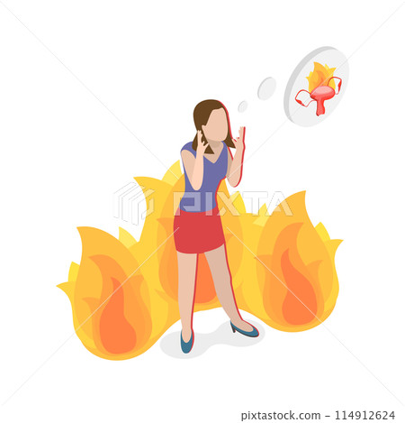 3D Isometric Flat  Illustration of Menstrual Pain, Psychological Breakdown 114912624