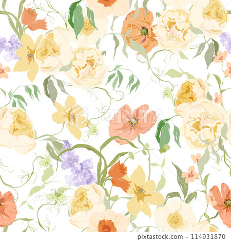 Watercolor abstract seamless pattern of narcissus, peony, lilac and poppy. Hand drawn wildflowers isolated on white background. Holiday Illustration for design, print, fabric or background. 114931870