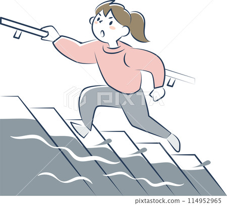 A woman rushes up the stairs from basement to ground level during heavy rain 114952965