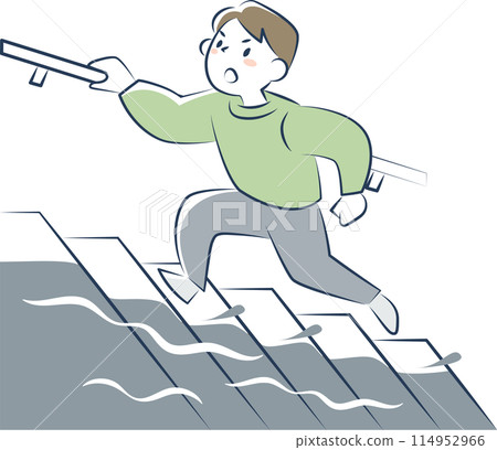 A man rushing up the stairs from basement to ground level during heavy rain 114952966