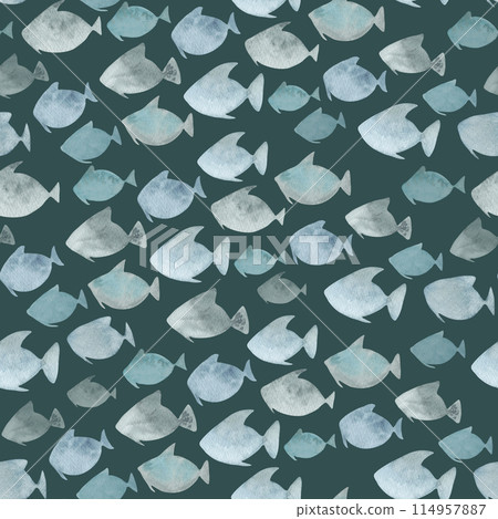 Seamless pattern with shallow water fish fleet on a blue background. Flock of ocean underwater world. Watercolor illustration. Hand drawn isolated art. Simple sea animals for textiles. Stylized form 114957887