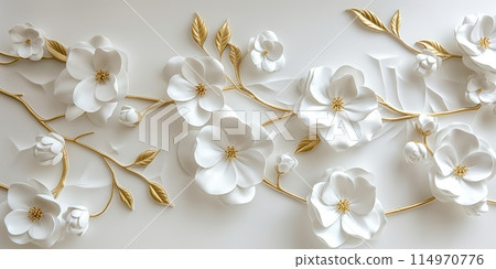 White flowers with golden leaves on white background. White and golden luxury 3d floral background 114970776