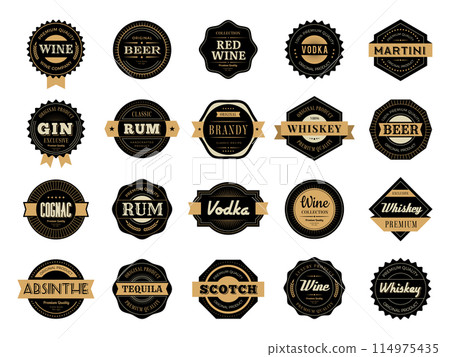 Whiskey badges. Alcohol drinks premium badges recent vector rum and whiskey production logos with place for text 114975435