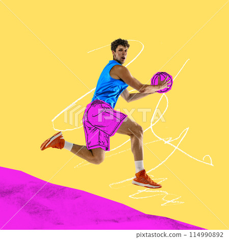 Poster. Contemporary art collage. Drawing artwork. Young basketball player dressed sketched sport uniform playing game with painted ball. 114990892