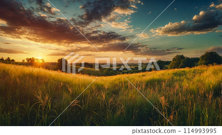 Beautiful natural panoramic countryside landscape. Blooming wild high grass in nature at sunset warm summer. Pastoral scenery. Generative AI 114993995