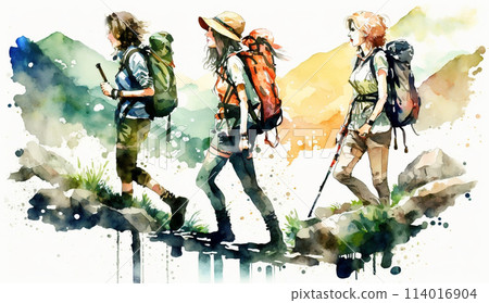 Close young female friends hiking in the mountains: watercolor painting 114016904