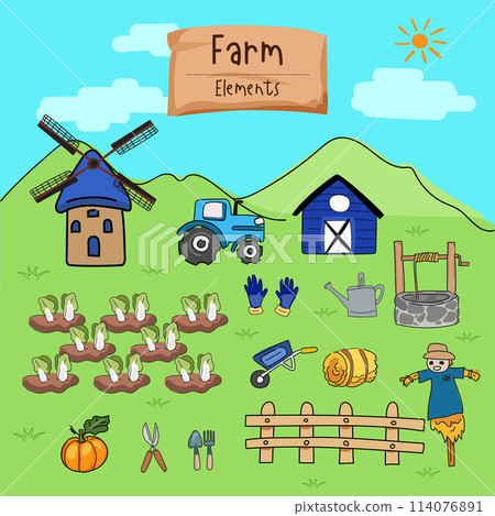 Hand drawn doodle set of farm elements. Vector illustration. 114076891