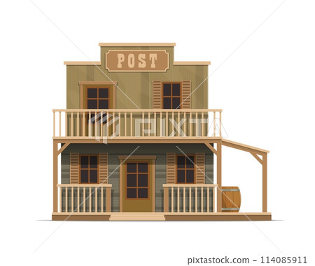 Western post office building or Wild West town and old wooden architecture, cartoon vector. Postal office in Western wood house with signage, Wild West American country house of Texas or Arizona 114085911