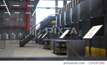 Computerized machines in warehouse with control panels and touchscreens displaying diagrams, 3D rendering. CNC machinery used for automatization processes in storehouse 114107260