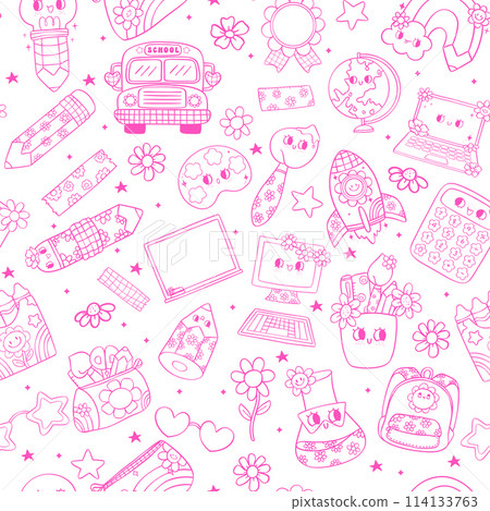 outline Back to school seamless pattern retro groovy trendy doodle drawing repeating isolated on background. 114133763