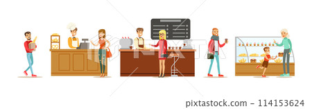 People Character at Cafe Shop Buy Coffee and Pastry Vector Set 114153624