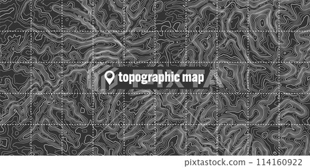 Topographic map with contour lines. Geographic terrain grid, relief height elevation. Ground path pattern. Travel and navigation, cartography design element. Vector illustration 114160922