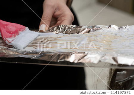 Beauty sphere. Hair coloring in a beauty salon. A master hairdresser-colorist dyes a client's brown hair blond. Apply lightening powder to hair onto foil using a pink brush. Close-up. 114197871