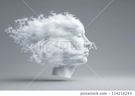 A womans head with surreal clouds floating out, representing imagination and creativity in an artistic manner. 114218243