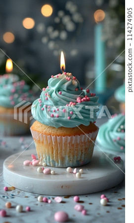 cupcake with candle on light background, 114274905