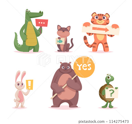 Animals with banners. Cartoon funny animals holding info placard and direction arrows exact vector illustrations set 114275473